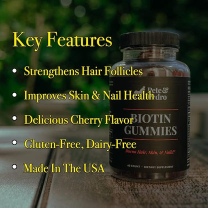Pete & Pedro BIOTIN Gummies - Daily Hair Growth Strengthening Supplement for Stronger Hair, Skin, & Nails | Cherry Flavor Biotin Gummy 5000mcg Per Serving | As Seen on Shark Tank, 60 Count