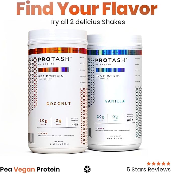 Vegan Protein Powder by TASHIE - Organic Plant Based Protein Powder with BCAA, HMB & Probiotics, Zero Sugar, Non-GMO, Gluten Free, NSF Certified, 28 Servings - Coconut Protein Powder