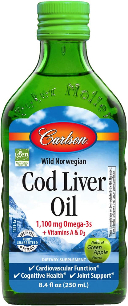 Carlson - Cod Liver Oil, 1100 mg Omega-3s, Plus Vitamins A and D3, Wild Caught Norwegian Arctic Cod Liver Oil, Sustainably Sourced Nordic Fish Oil Liquid, Green Apple, 250 mL (8.4 Fl Oz)