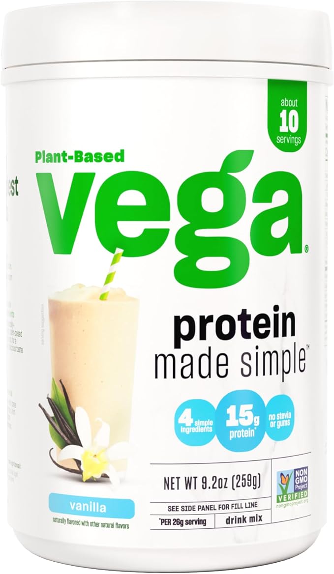 Vega Protein Made Simple Protein Powder, Vanilla - Stevia Free, Vegan, Plant Based, Healthy, Gluten Free, Pea Protein for Women and Men, 9.2 oz (Packaging May Vary)