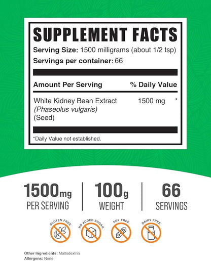 BulkSupplements.com White Kidney Bean Extract Powder - White Kidney Bean Powder, Herbal Supplement - Gluten Free, 1500mg per Serving, 100g (3.5 oz) (Pack of 1)