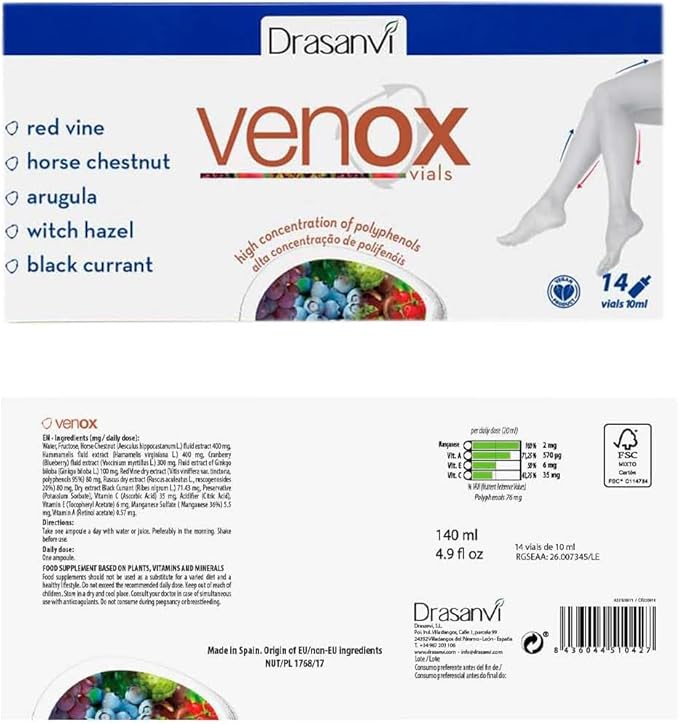 Drasanvi Venox Vials 14 Vials 10ml Each Total Weight 14ml - Health Care - Daily use - Food Supplement - Red Fruit extracts - Natural Ingredients - Horse Chestnut - Vitamins C, E and A.