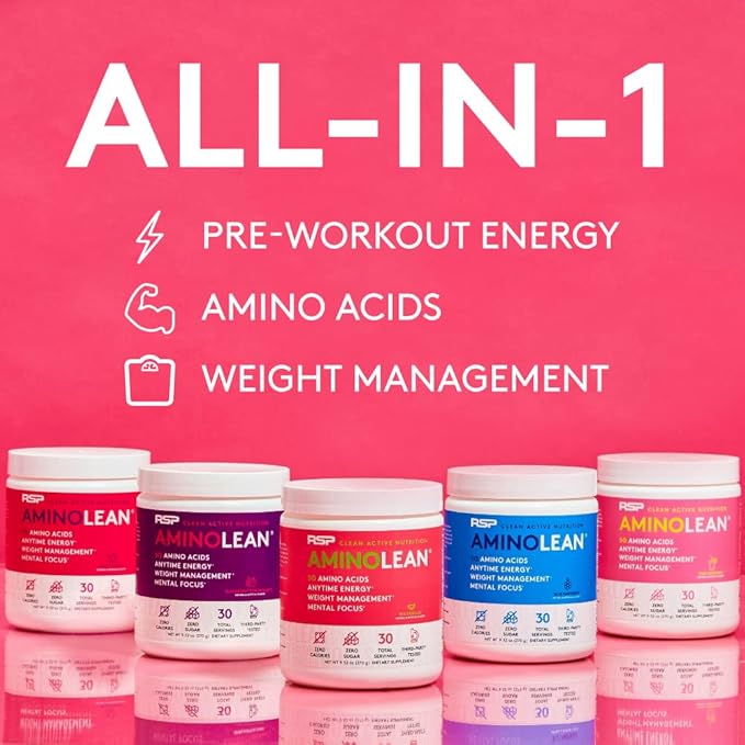 RSP NUTRITION AminoLean Pre Workout Powder, Amino Energy & Weight Management with Vegan BCAA Amino Acids, Natural Caffeine, Preworkout Boost for Men & Women, 30 Serv