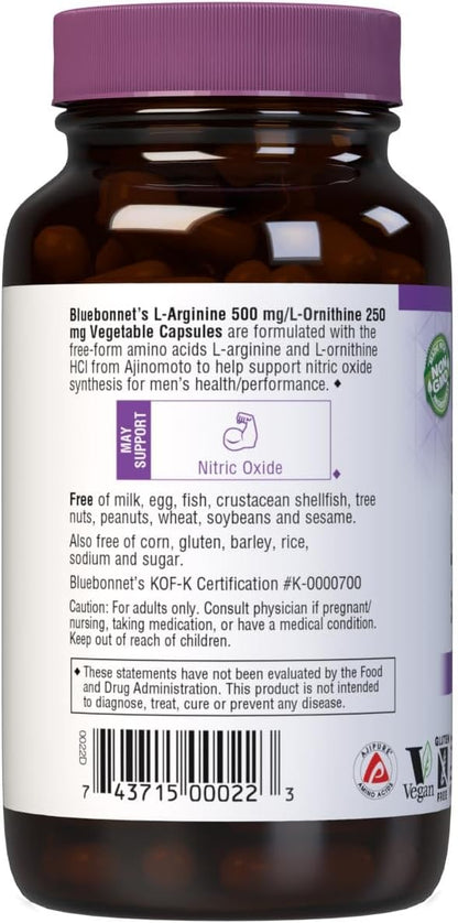 Bluebonnet Nutrition L-Arginine 500mg/L-Orinithine 250mg, Supports Protein Metabolism*, Soy-Free, Gluten-Free, Non-GMO, Kosher Certified, Vegan, 100 Vegetable Capsules