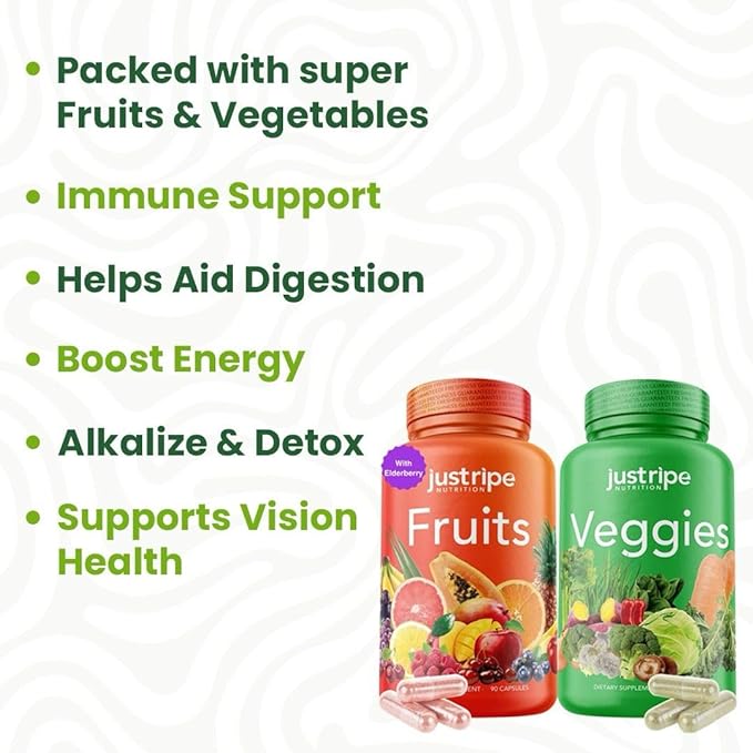 Fruits and Veggies Supplement - 90 Fruit and 90 Vegetable Capsules - 100% Whole Natural Superfood - Filled with Vitamins and Minerals - Supports Energy Levels (1 Pack)