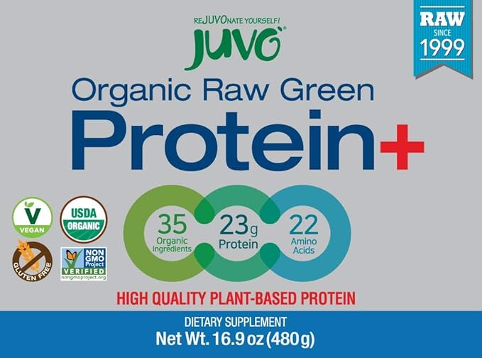 Juvo Raw Green Protein Organic, Vegan, Gluten Free, Non-GMO, Kosher, No Stevia, 23g of Protein, Complete Amino Acid Profile, 16.9 Ounce