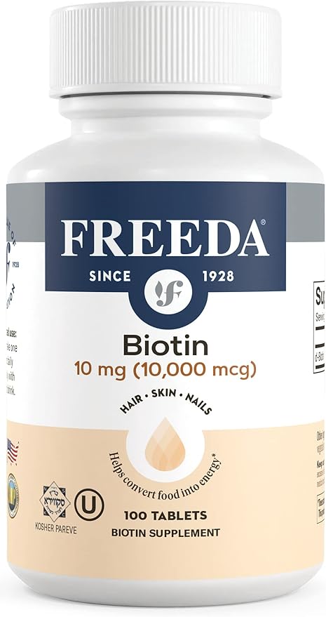 Freeda Biotin 10000 mcg - Kosher Biotin 10000mcg Hair Skin and Nails Vitamins for Hair Growth - Biotin Pills Hair Growth Vitamins B7 - Superior Biotin Supplement Hair Vitamins for Women & Men (100 Ct)