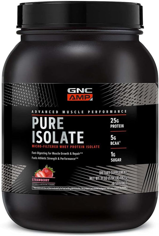 GNC AMP Pure Isolate Protein Powder| 25g Whey Protein Isolate with 5g BCAA | Fuels Athletic Strength, Performance, and Muscle Growth | Strawberry | 28 Servings