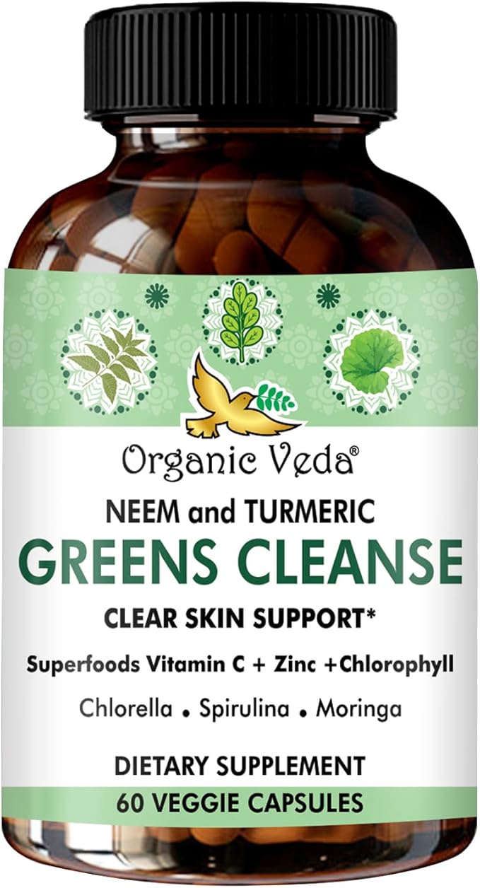 Organic Veda Neem & Turmeric Green Cleanse Supplement with Moringa, Spirulina, Chlorella - Support Liver Health, Enhances Skin Glow - 60 Capsules