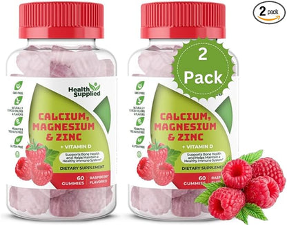 Calcium Magnesium & Zinc + Vitamin D Gummies | Bone Health Immune Health Energy and Muscle Function | Daily Dietary Vitamin Supplement | for Adults, Teens | Fruity Raspberry Flavor