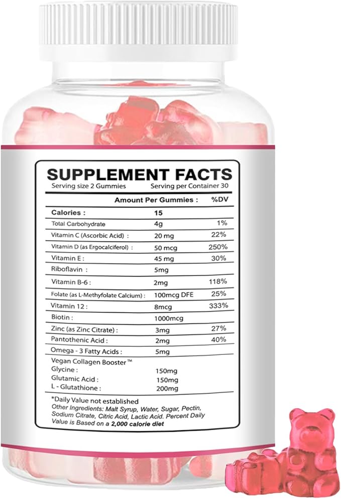 Glutathione Collagen Glow Gummies for Women, Glow Beauty Collagen Anti-Aging brightens Skin Tone & Reduces Fine Lines Wrinkles, Strawberry Flavor, 60 Gummies, 30 Servings (30 Days)