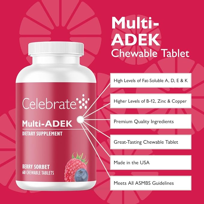 Celebrate Vitamins Multi ADEK Chewables, Iron Free - Daily Bariatric Multivitamin, High Level of Vitamins A, D, E, K & B12 for Duodenal Switch Surgery Patients - Berry Sorbert (60 Tablets)