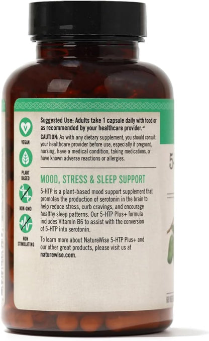 NatureWise 5-HTP 200mg, Vegan 5 HTP Plus Supplement from Griffonia Seeds with Cofactor Vitamin B6 - Mood Support Supplement & Natural Sleep Aid for Adults - Delayed-Release - 60 Count[2-Month Supply]