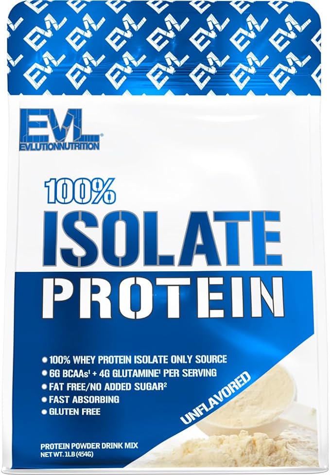 Evlution Nutrition 100% Isolate, Whey Isolate Protein Powder, 25 G of Fast Absorbing Protein, No Sugar Added, Low-Carb, Gluten-Free (Unflavored, 1 LB)