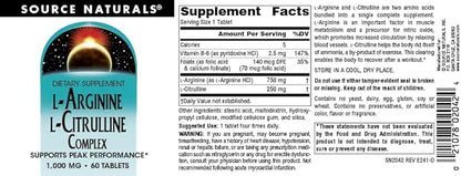 Source Naturals L-Arginine L-Citrulline Complex 1000mg Essential Amino Acid Supplement - 60 Tablets
