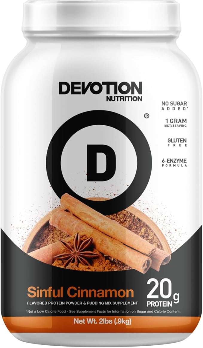 Devotion Nutrition Protein Powder Blend | Gluten Free, Keto Friendly, No Added Sugars | 1g MCT | 20g Whey & Micellar Protein | 2lb Tub (Sinful Cinnamon)