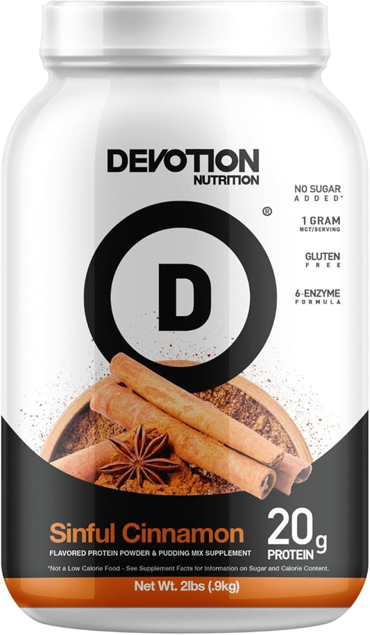 Devotion Nutrition Protein Powder Blend | Gluten Free, Keto Friendly, No Added Sugars | 1g MCT | 20g Whey & Micellar Protein | 2lb Tub (Sinful Cinnamon)