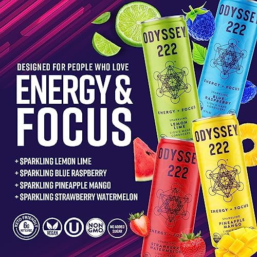 Odyssey 222 Energy Drink, Pre Workout, 222mg Caffeine, Clean Energy Drinks, L Theanine, Lions Mane, Cordyceps & Green Tea for Energy, Focus & Mood Boost, Low Calorie, Variety Pack, 12 Fl oz, 12 Pack