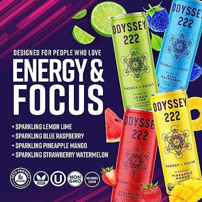 Odyssey 222 Energy Drink, Pre Workout, 222mg Caffeine, Clean Energy Drinks, L Theanine, Lions Mane, Cordyceps & Green Tea for Energy, Focus & Mood Boost, Low Calorie, Variety Pack, 12 Fl oz, 12 Pack