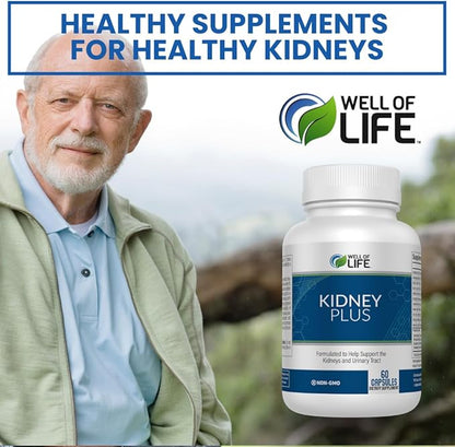 Well of Life: Kidney Plus 600mg with Cranberry Extract, Astragalus Root, Java Tea-Leaf & antioxidants for Overall Well-Being, Helps Healthy Kidney Function & Urinary Tract Wellness, 60 Capsules