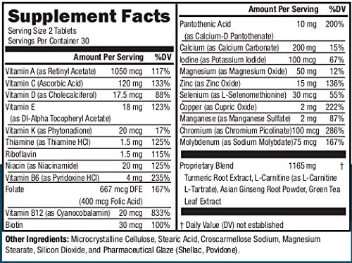 Men's 50+ Multivitamin/Multimineral with Vitamin B, Vitamin D, Calcium, Vitamin D, L-Carnitine, Asian Ginseng Root Powder, Green Tea Leaf Extract, Turmeric Root Extract
