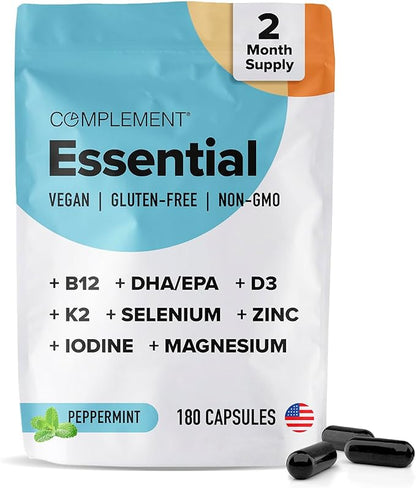 Complement 2 Month Supply Vegan Multivitamins for Women & Men (180 Capsules) Omega 3 DHA+EPA, Vitamin B12, Vitamin D3 K2, Zinc, Selenium, Magnesium, Iodine Supplement- Made in USA, 60 Servings