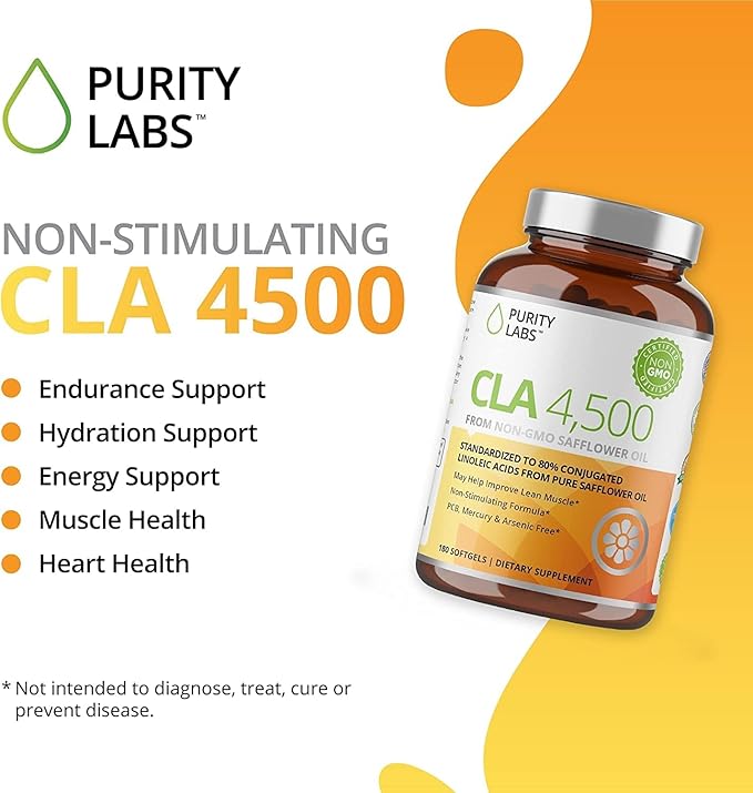 Purity Labs CLA Supplements 4500MG - Non-GMO Safflower Oil - Supports Energy, Weight Loss, Heart Health, and Muscle Health - 180 Soft gels