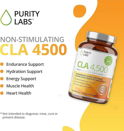 Purity Labs CLA Supplements 4500MG - Non-GMO Safflower Oil - Supports Energy, Weight Loss, Heart Health, and Muscle Health - 180 Soft gels