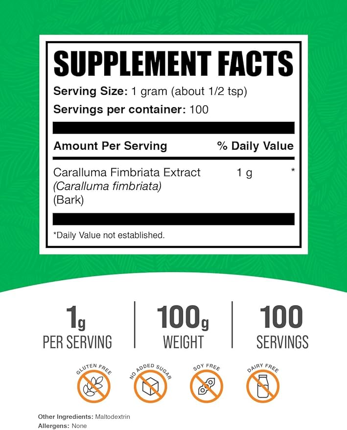 BulkSupplements.com Caralluma Fimbriata Extract Powder - Caralluma Fimbriata 1000mg, Caralluma Fimbriata Powder - Gluten Free, 1000mg per Serving, 100g (3.5 oz) (Pack of 1)