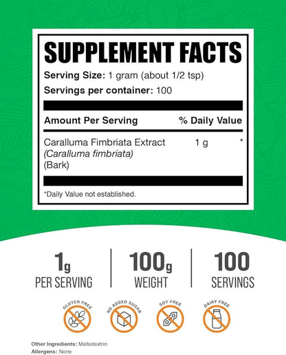 BulkSupplements.com Caralluma Fimbriata Extract Powder - Caralluma Fimbriata 1000mg, Caralluma Fimbriata Powder - Gluten Free, 1000mg per Serving, 100g (3.5 oz) (Pack of 1)