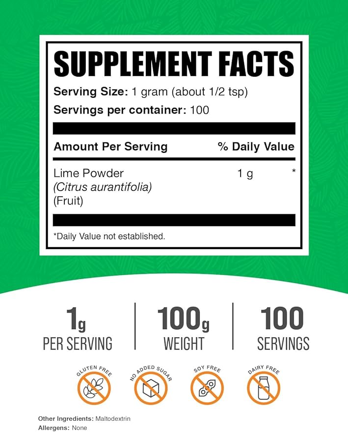 BulkSupplements.com Lime Powder - Dehydrated Lime Powder, Lime Fruit Powder, For Flavoring - Air Dried & Gluten Free, 1000mg per Serving, 100g (3.5 oz) (Pack of 1)