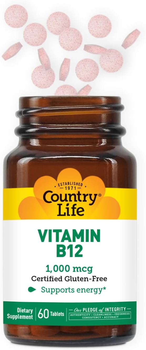 Country Life Vitamin B12 Supplement - Essential for Brain Function, Nerve Health, Red Blood Cells - Ideal for Anemia Prevention - Vegan Vitamin B, 1000 mcg - Gluten-Free, 60 Tablets