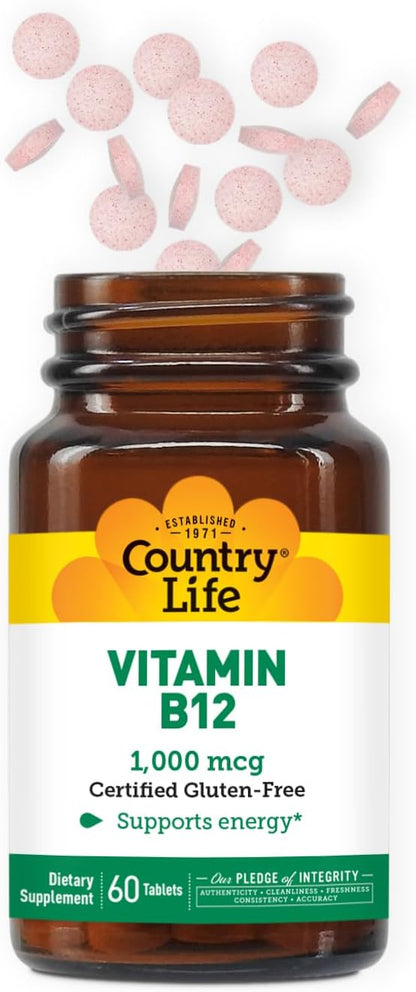 Country Life Vitamin B12 Supplement - Essential for Brain Function, Nerve Health, Red Blood Cells - Ideal for Anemia Prevention - Vegan Vitamin B, 1000 mcg - Gluten-Free, 60 Tablets