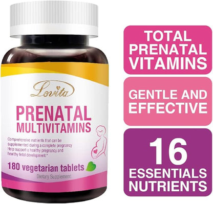 Lovita Prenatal Vitamins with Iron 27 mg, Folic Acid 800mcg & Calcium, Vegan Prenatal Vitamins for Women During and Post Preganacy, Non GMO, 180 Vegetarian Prenatal Pills (Pack of 3)