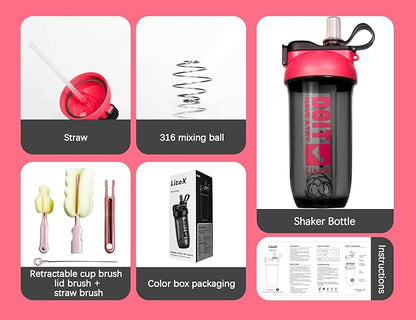 Litex Shaker Bottles for Protein Shakes, 26oz Blender Shaker Bottle for Pre-Workout,Shaker Cups with Straw, BPA-free Tritan Mixer Bottles for Protein Powder,with Cup Brush and Instructions (Rose red)