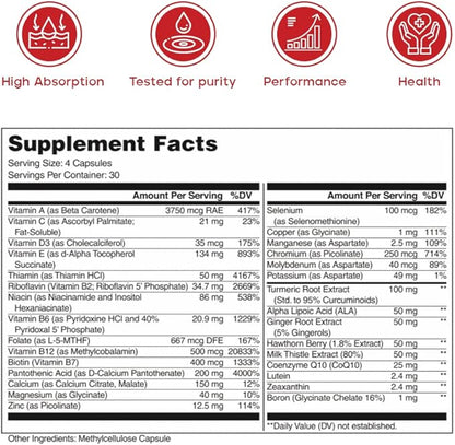 | Advanced Nutritional Support for Weekend Warriors - Comprehensive Multivitamin: Performance, Health, Wellness & Immunity - Premium Nutrient Forms - 120 Count