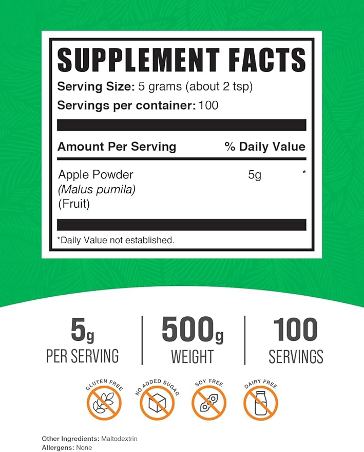 BulkSupplements.com Apple Powder - Apple Fruit Powder, Superfood for Digestive Support - Natural & Gluten Free, 5g per Serving, 500g (1.1 lbs) (Pack of 1)