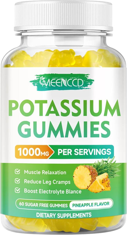 Potassium Citrate Gummies 1000mg, High Potency Potassium Supplement Gummies for Adults Women & Men, Potassium Gummies Support Leg Cramps & Muscle Health, Sugar-Free, Pineapple Flavor, 60 Count