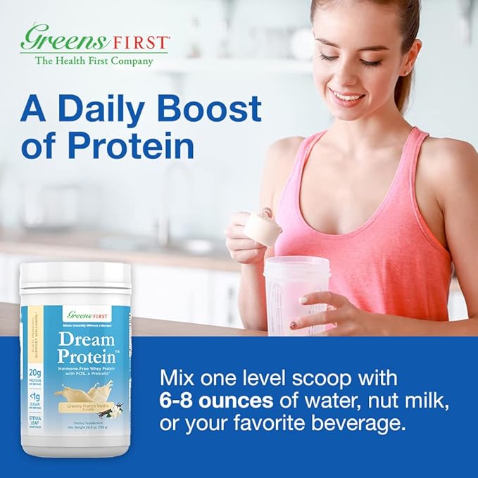 Greens First Dream Whey Protein Powder, Creamy French Vanilla, 30 Servings – 20 g Protein – Low Carb Powder – Hormone-Free, Non-GMO, No Artificial Sweeteners/MSG/Aspartame, 26.5 oz