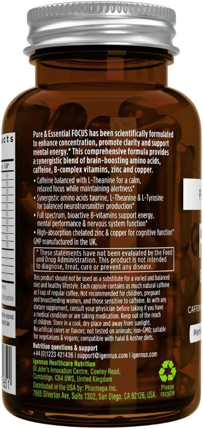 Focus - Methylated Nootropic with 200mg Natural Caffeine, Active B Vitamins, L-Theanine, Taurine, L-Tyrosine, Clean Energy, Brain Booster & Cognitive Performance, Non Jittery, 60 Capsules, by Igennus