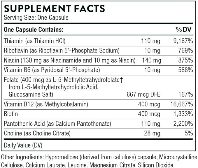 THORNE Basic B-Complex - Tissue-Ready Vitamin B Complex Supplement with Choline - Supports Cellular Energy Production, Brain Health & Red Blood Cell Formation - Gluten-Free, Dairy-Free - 60 Capsules