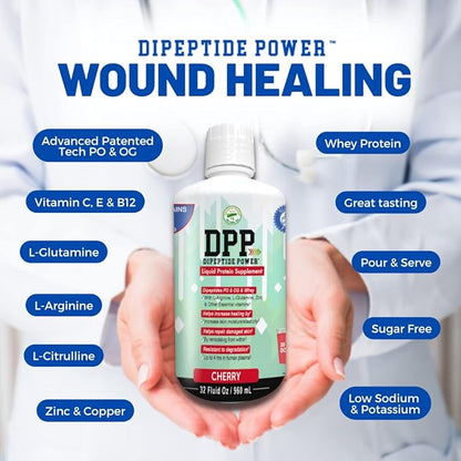 Nutritional Designs DPP Dipeptide, Wound-Healing Liquid Collagen & Whey Protein Supplement, Sugar-Free, Promotes Healthy Skin & Hair for Men & Women (Cherry, Bottle, 32 Fl Oz)