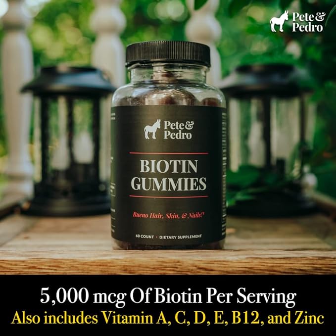 Pete & Pedro BIOTIN Gummies - Daily Hair Growth Strengthening Supplement for Stronger Hair, Skin, & Nails | Cherry Flavor Biotin Gummy 5000mcg Per Serving | As Seen on Shark Tank, 60 Count