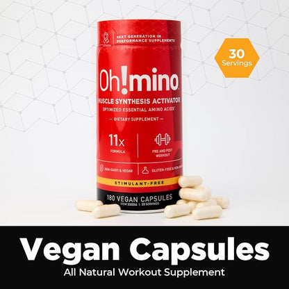 Oh!mino Amino Acids Supplement, Ultimate Muscle Synthesis Activator, Pre and Post Workout Vitamins for Body Conditioning and Muscle Recovery, 180 Vegan Muscle Builder Capsules - Oh!Nutrition