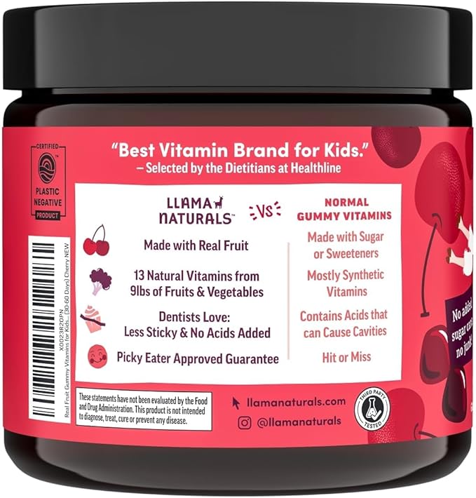Llama Naturals Real Fruit Gummy Vitamins for Kids, No Added Sugar Cane or Sweeteners, Whole Food Multivitamin, Vegan Toddler Gummies, Plant Based, Organic, Chewable 90 ct (30-60 Days) Cherry