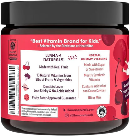Llama Naturals Real Fruit Gummy Vitamins for Kids, No Added Sugar Cane or Sweeteners, Whole Food Multivitamin, Vegan Toddler Gummies, Plant Based, Organic, Chewable 90 ct (30-60 Days) Cherry