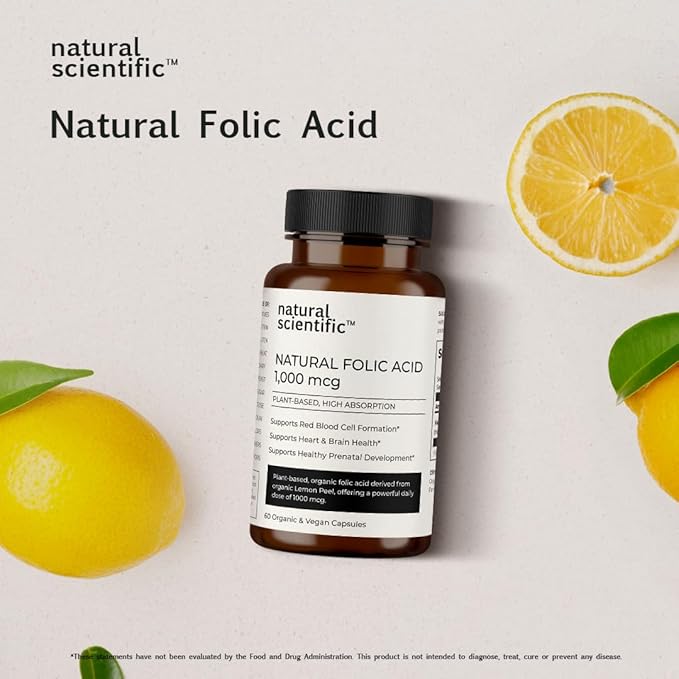 Organic Folic Acid Supplement 1000 mcg - Vitamin B9 (Folate) from Organic Lemon Peel - 60-Day Supply - Plant-Based, Gluten-Free, Vegan, Non-GMO - 60 capsules - Premium Dietary Supplement