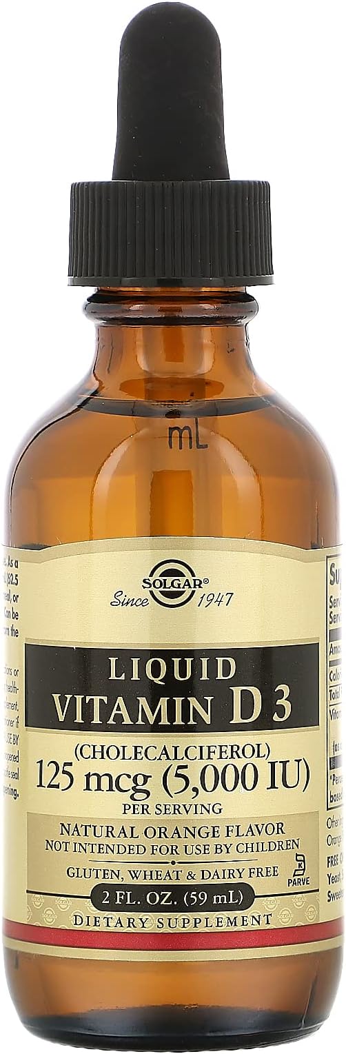 Solgar Liquid Vitamin D3 125 mcg (5,000 IU), 2 fl oz - Delicious, Natural Orange Flavor - Helps Maintain Healthy Bones & Teeth - Immune System Support - Gluten Free, Dairy Free, Kosher - 59 Servings