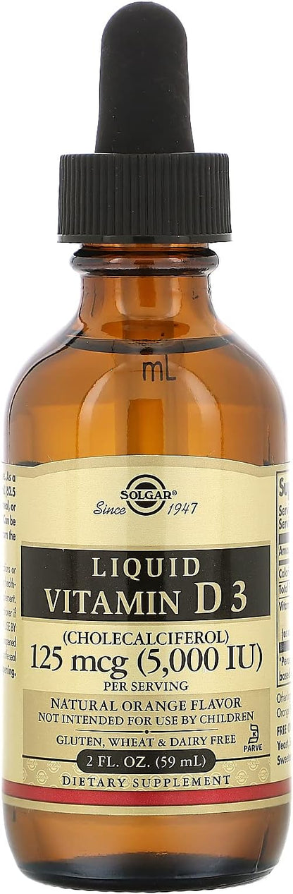 Solgar Liquid Vitamin D3 125 mcg (5,000 IU), 2 fl oz - Delicious, Natural Orange Flavor - Helps Maintain Healthy Bones & Teeth - Immune System Support - Gluten Free, Dairy Free, Kosher - 59 Servings