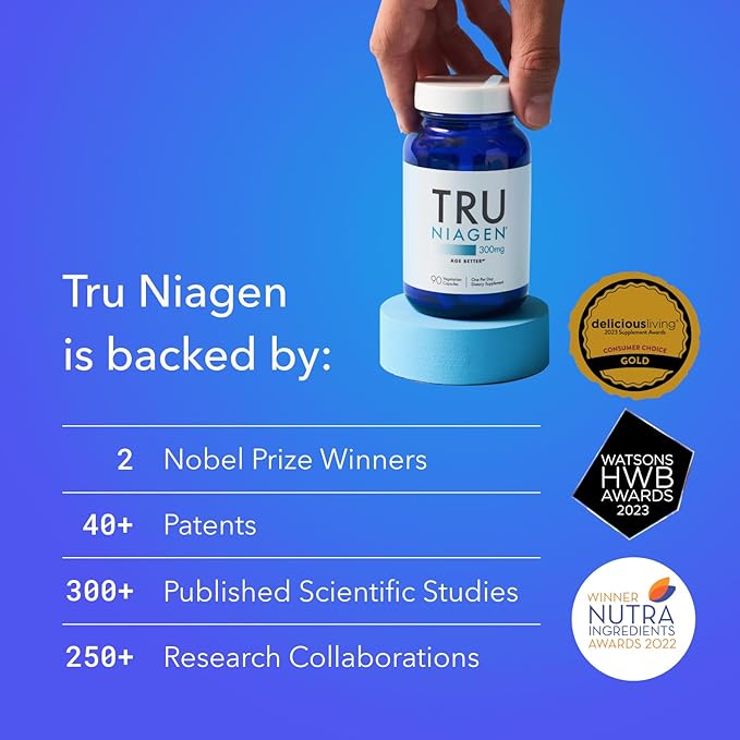 TRU NIAGEN Patented NAD+ Supplement for Anti Aging and Cell Regeneration, 300 mg Niagen, 90 Servings | Supports Cellular Energy, Brain, Muscle | Nicotinamide Riboside (NR) Take 1 Daily | 2 Bottles